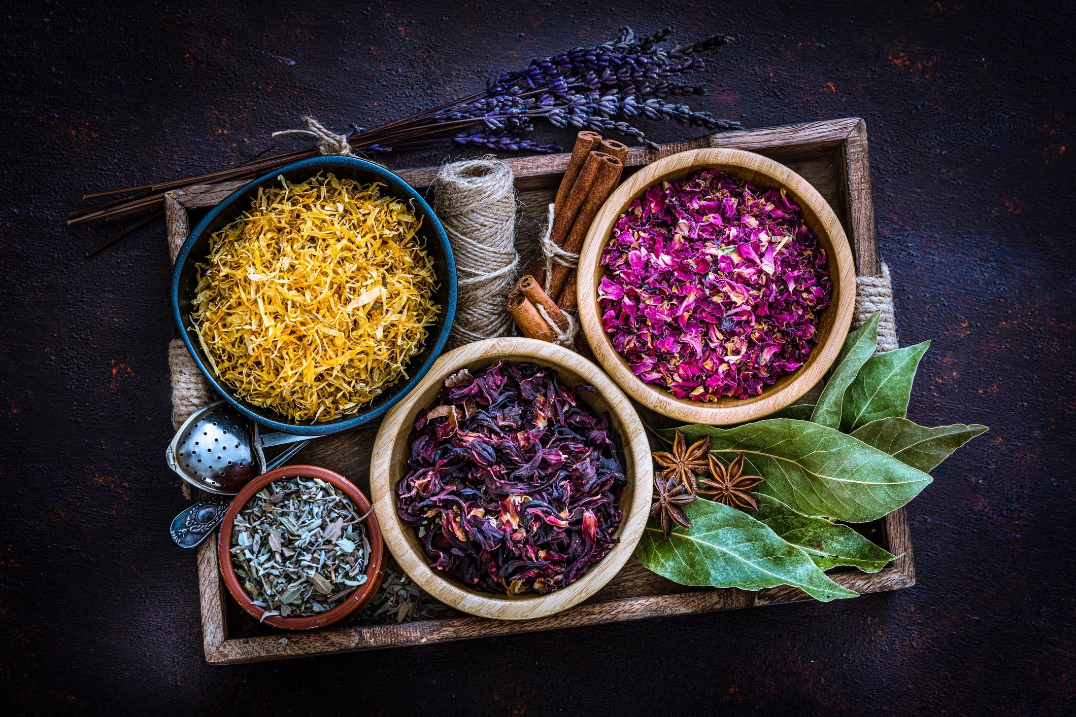 Assorted dried herbs and botanicals arranged on a dark table